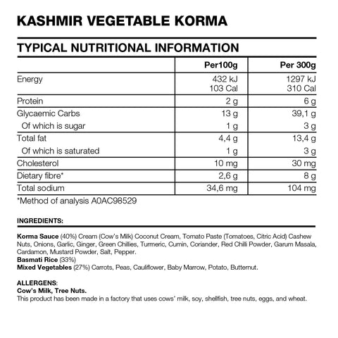 Kashmir vegetable korma with cashew & basmati rice