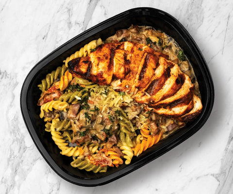 Grilled chicken with bacon cream fusilli